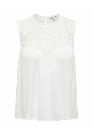 Haut sans manches blanc avec un empiècement en dentelle à bords festonnés, texture plissée et une fermeture en goutte au dos. Tissu doux.