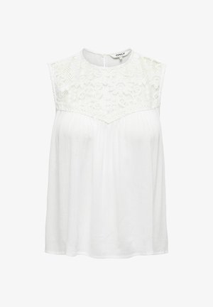 Balta be rankovių palaidinė su nėriniu puoštu apykakle, banguotais kraštais, raukšlėmis ir skylių uždarymu nugaroje. Minkšta medžiaga.