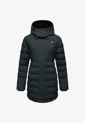 Mørkegrå polstret jakke med høj krave, justerbar snørehætte og lynlåslommer. Tekstureret stof med syede paneler.