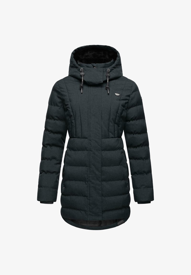 Tmavosivá prešívaná bunda s vysokým golierom, nastaviteľnou kapucňou na šnúrku a zipsovými vreckami. Z textúrovanej tkaniny so šitými panelmi.