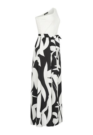 En-shoulder maxi kjole i hvid og sort med dristigt blomster mønster, bælte i taljen og flydende stof for en behagelig pasform.