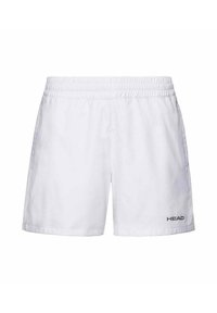 Pantalones cortos de atletismo elásticos blancos con cintura elástica, bolsillos laterales y pequeño logo "HEAD" en la parte inferior de la pierna izquierda.