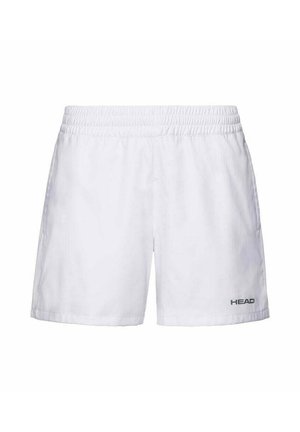 Shorts de sport élastiques blancs à taille élastique avec poches latérales et petit logo "HEAD" sur le bas de la jambe gauche.