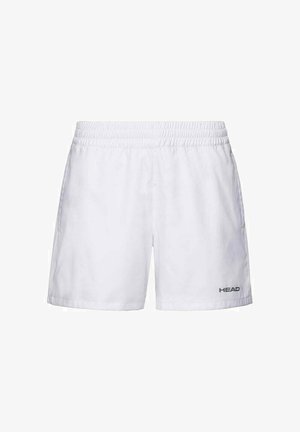 Shorts de sport élastiques blancs à taille élastique avec poches latérales et petit logo "HEAD" sur le bas de la jambe gauche.