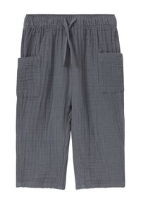 Grau, knielange Cargo-Shorts mit elastischem Bund, Kordelzug und zwei Seitentaschen. Hergestellt aus einem strukturierten, leichten Stoff.