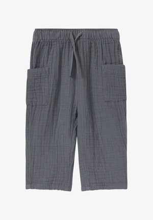 Grijze cargoshorts tot halverwege het kuit met een elastische tailleband, trekkoord en twee zijzakken. Gemaakt van een gestructureerde, lichtgewicht stof.