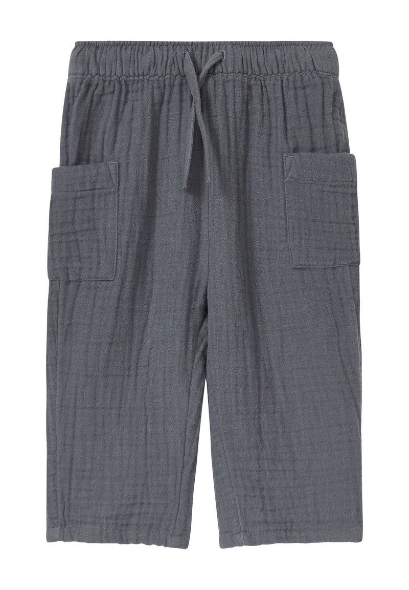 Grau, knielange Cargo-Shorts mit elastischem Bund, Kordelzug und zwei Seitentaschen. Hergestellt aus einem strukturierten, leichten Stoff.