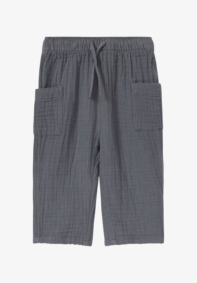 Gray, mid-calf cargo shorts with an elastic waistband, drawstring, and two side pockets. Made of a textured, lightweight fabric.