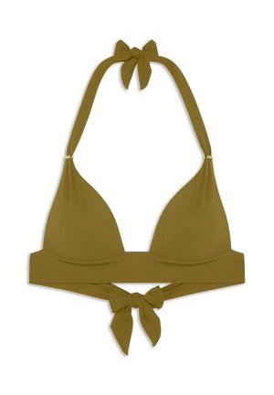 Haut de bikini triangle vert olive avec col en halter et liens au dos, doté de ferrures dorées sur les bretelles.