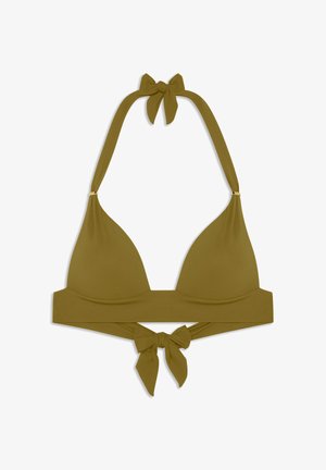 Haut de bikini triangle vert olive avec col en halter et liens au dos, doté de ferrures dorées sur les bretelles.