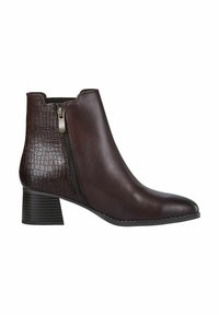 Braune Leder-Ankleboots mit spitzer Zehenform, strukturiertem Krokodil-Muster am Absatz, seitlichem Reißverschluss und einem gestapelten Blockabsatz.