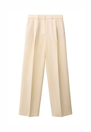 Beige weite Hosen mit hohem Bund, Falten vorne und seitlichen Taschen. Hergestellt aus einem glatten Stoff mit strukturierter Silhouette.