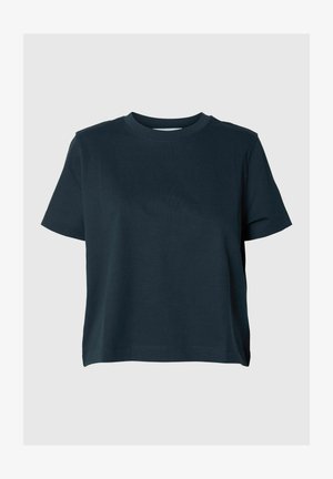 Dark blue short-sleeve t-shirt made of cotton. Standard crew neck design with a relaxed fit, featuring a smooth texture and no visible patterns.