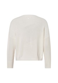 Maglione di un crema chiaro, in tessuto a maglia, con una vestibilità rilassata e spalle cadenti, e orlo a coste. Il retro presenta un piccolo dettaglio con il logo vicino al collo.