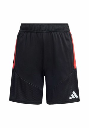Black athletic shorts with red side stripes, elastic waistband, and textured black panels. Features white Adidas logo on lower right.