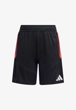 Schwarze Sportshorts mit roten Seitenstreifen, elastischem Bund und strukturierten schwarzen Einsätzen. Mit weißem Adidas-Logo unten rechts.