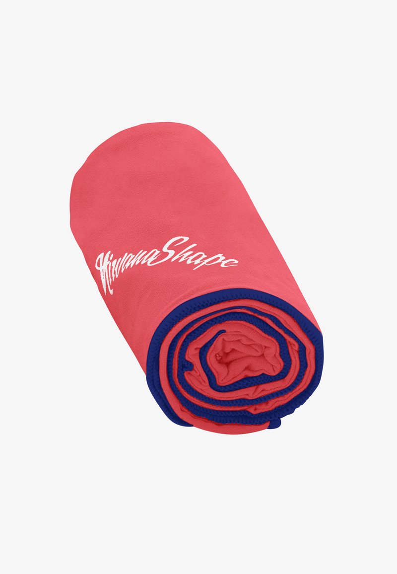 Rolled red microfiber towel with navy blue trim. Features white "HirvanaShape" text. Soft texture, compact design.