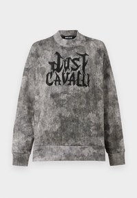 Sweatshirt cinza com uma aparência texturizada e mottled. Apresenta o texto preto "Just Cavalli" na frente. Gola e punhos canelados.