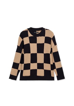 Sweter dzianinowy z blokowym wzorem w przeplatanych czerni i beżu. Tekstura ribbed, długie rękawy i okrągły dekolt.