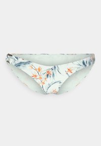 Fundo de bikini floral em verde menta claro com padrões tropicais em laranja e azul. Apresenta um corte de altura média e detalhes laterais.