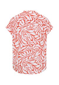 Short-sleeve shirt featuring a white base with a bold, abstract red leaf pattern. Made from lightweight fabric with a relaxed fit.