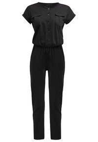 Combinaison noire à manches courtes avec fermeture boutonnée à l'avant, taille élastique, poches poitrine et pantalon fuselé.