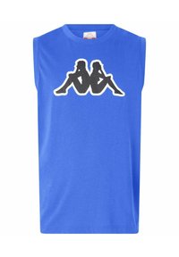 Maglietta senza maniche blu in cotone con scollo rotondo e stampa grafica di due figure silhouette nere sul davanti.