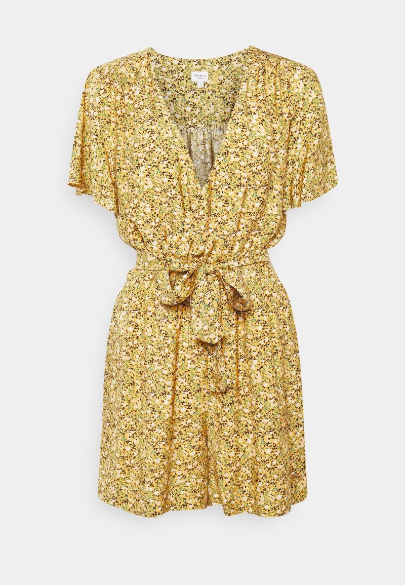Robe jaune à fleurs avec un profond décolleté en V, des manches courtes volantées et une ceinture nouée à la taille. Confectionnée dans un tissu léger et texturé.