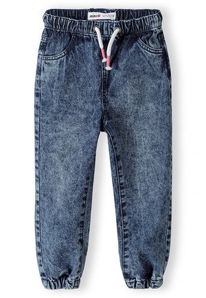 Blaue Acid-Wash-Kinderjeans mit elastischem Bund, weißem Kordelzug mit pinken Spitzen, Vordertaschen und elastischen Bündchen an den Fußgelenken.