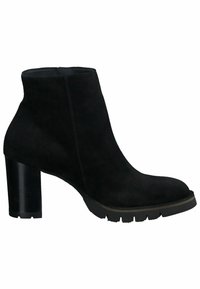 Bottines en daim noir avec un bout arrondi, un talon carré haut et une semelle en caoutchouc épaisse avec un motif cramponné.