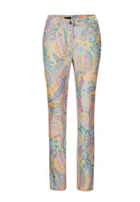 Multicolore jeans met een paisleypatroon in pastelkleuren van roze, geel en groen. Gemaakt van een lichte stof, slim-fit ontwerp.