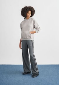 Šedá mikina s kapucí a přední kapsou, spojená s tmavě šedými tepláky s bílými pruhy na bocích a logem. Model stojí na modrém koberci.