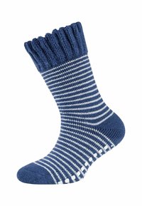 Calzino a righe blu e bianche realizzato in materiale morbido. Presenta una coulisse rigata e un motivo a puntini antiscivolo sulla suola.
