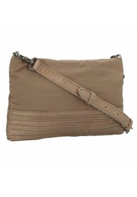 Borsa a tracolla beige realizzata in tessuto con un accento in pelle testurizzata. Presenta una tracolla rimovibile e dettagli cuciti alla base.