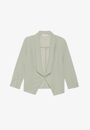 Jasnozielona, lekką marynarka z szalowym kołnierzem i otwartym przodem. Posiada rękawy o długości trzech czwartych oraz wiązanie w talii. Gładka tekstura.