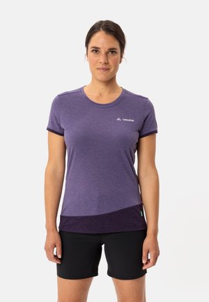 Purple short-sleeve shirt with a two-tone design, featuring a smooth texture and a small logo on the chest, paired with black shorts.