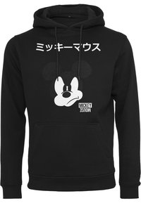 Crna dukserica od pamuka, s velikim bijelim grafičkim prikazom Mickey Mousea s japanskim tekstom iznad. Prednji džep i kapuljača s vezicom.