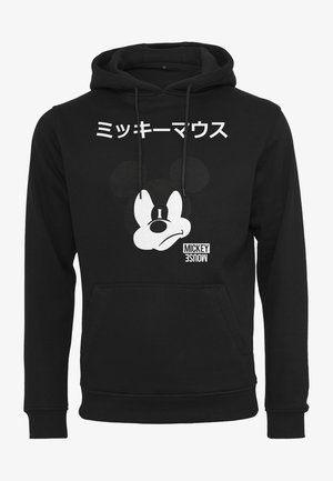 Czarna bluza z kapturem wykonana z bawełny, z dużą białą grafiką Myszki Mickey i japońskim tekstem powyżej. Przednia kieszeń oraz sznurek w kapturze.