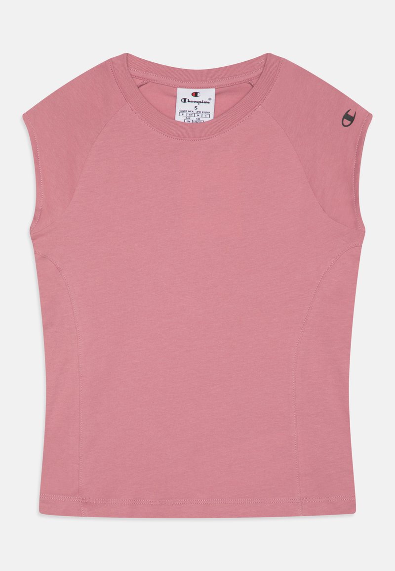 Top sem mangas rosa feito de tecido macio. Apresenta mangas raglan e um logotipo no ombro. Design simples com um decote redondo.