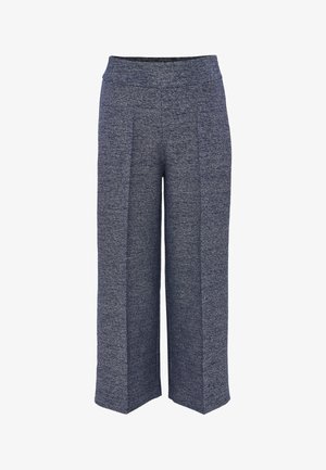Wide-leg trousers made from textured navy fabric, featuring a high waistband and clean front pleats for structured design.