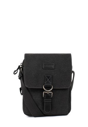 Petit sac bandoulière en toile noire avec rabat, sangle en cuir à boucle, détail anneau métallique et bandoulière réglable.