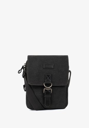 Petit sac bandoulière en toile noire avec rabat, sangle en cuir à boucle, détail anneau métallique et bandoulière réglable.
