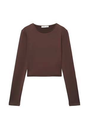 Top marrone a maniche lunghe, realizzato in tessuto liscio, con scollo rotondo e design aderente. Colore semplice e uniforme senza motivi.