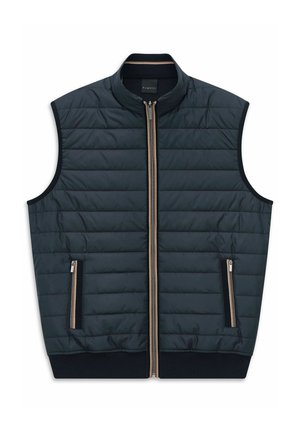 Marineblaue, gesteppte ärmellose Weste mit durchgehendem Reißverschluss vorn und Reißverschlusstaschen an den Seiten, mit Stehkragen und geripptem Saum.