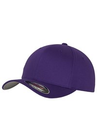 Purple baseball cap with a rounded crown, curved visor, and fabric texture; features a gray underside and a logo sticker on the brim.