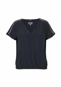 Marineblauwe top met korte mouwen en een V-hals, voorzien van een elastische tailleband. Kenmerkt zich door witte strepen op de schoudernaden en een gladde stoftextuur.