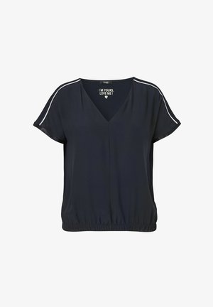 Haut court bleu marine à manches courtes avec un col en V et une taille élastique. Présente des rayures blanches sur les coutures des épaules et une texture de tissu lisse.