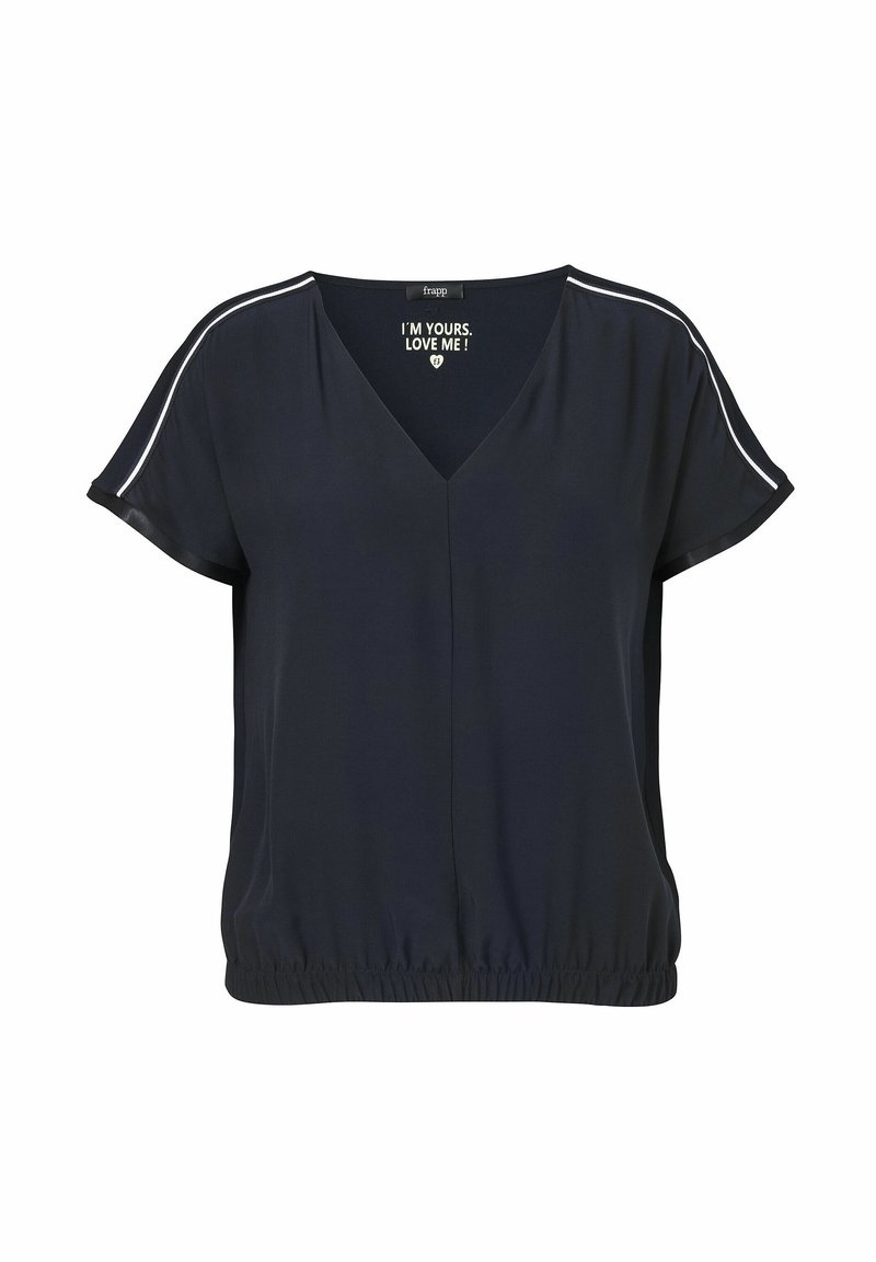 Marineblauwe top met korte mouwen en een V-hals, voorzien van een elastische tailleband. Kenmerkt zich door witte strepen op de schoudernaden en een gladde stoftextuur.