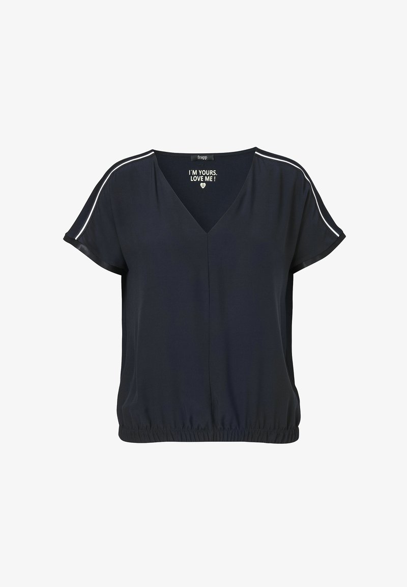 Marineblauwe top met korte mouwen en een V-hals, voorzien van een elastische tailleband. Kenmerkt zich door witte strepen op de schoudernaden en een gladde stoftextuur.