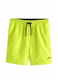 Neongule badebukser lavet af letvægtsmateriale, med elastisk taljebånd med snøre og en lille logo nær kanten.